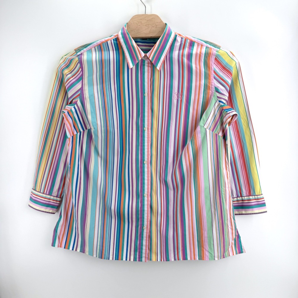 Lauren Ralph Lauren Striped Button Down 1X Cotton Multi Color Preppy Coastal Top